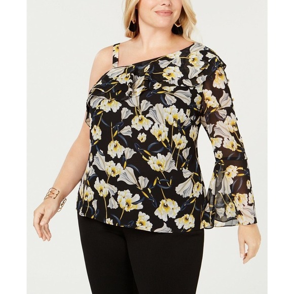 INC International Concepts Black Floral One-Shoulder Blouse Plus Size 2X FLAWED - Picture 1 of 16